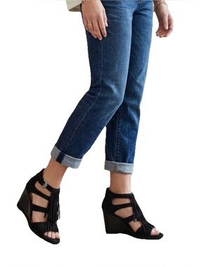 Trask Felicity Fringe Black Suede Wedge Summer Sandals Women’s Size 8